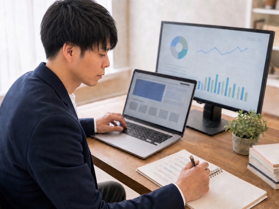棚網義幸がアクセスデータを確認しながらWebサイトの改善案を整理している様子
